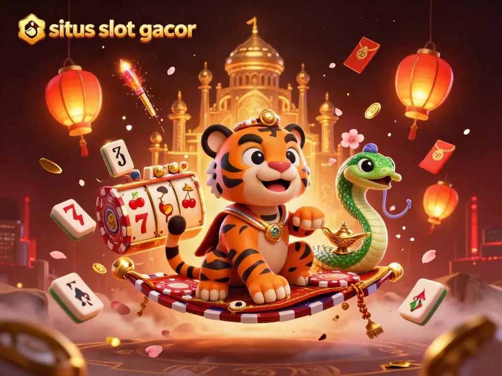 Situs slot gacor features a vibrant 3D cartoon sultan, jackpot reels, and golden treasures in a magical desert.