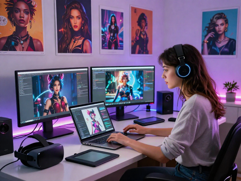 Dynamic scene of a woman creating engaging AI porn in a vibrant digital art studio with modern tech elements.