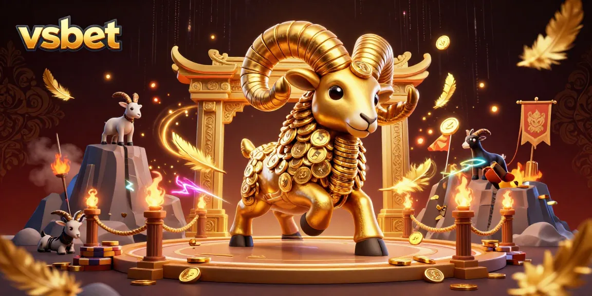 Engage in thrilling vsbet online casino action with a massive golden ram and stacked coins in a vibrant arena.