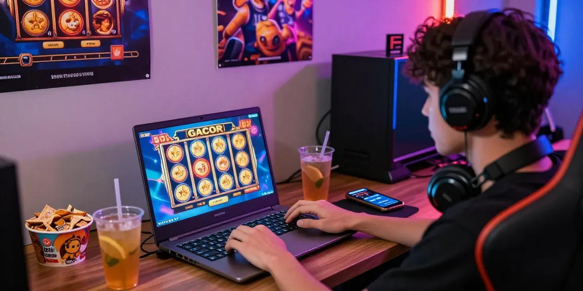 Seru bermain slot gacor dengan laptop dan makanan ringan