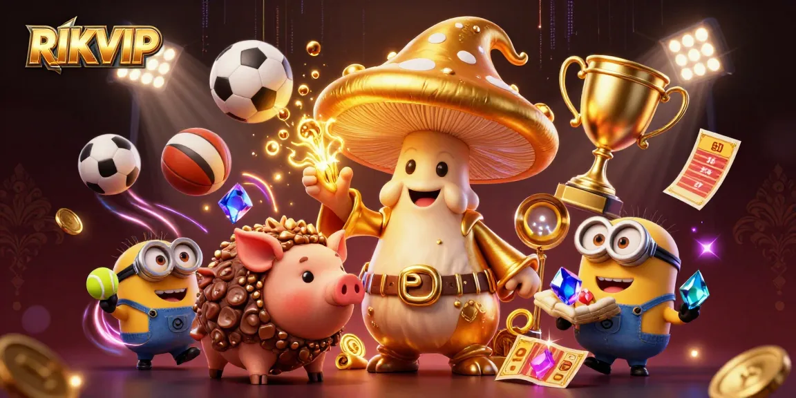 Experience RIKVIP’s gaming magic with a wizard, treasure pig, and vibrant casino elements.