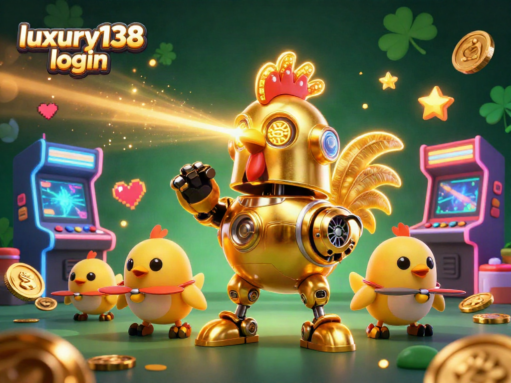 Login di luxury138 dengan robot ayam emas futuristik yang menarik dan mesin permainan penuh warna.