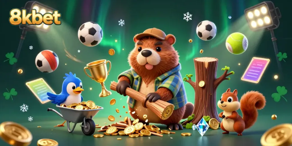 Engage in thrilling betting adventures with 8kbet as a 3D lumberjack beaver collects golden coins in an exciting casino scene.