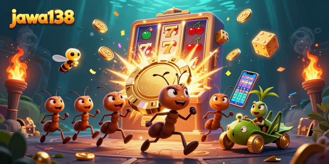 Ant-ants melakukan pencurian chip poker emas di jawa138, dengan cahaya berkilau dan efek jackpot.