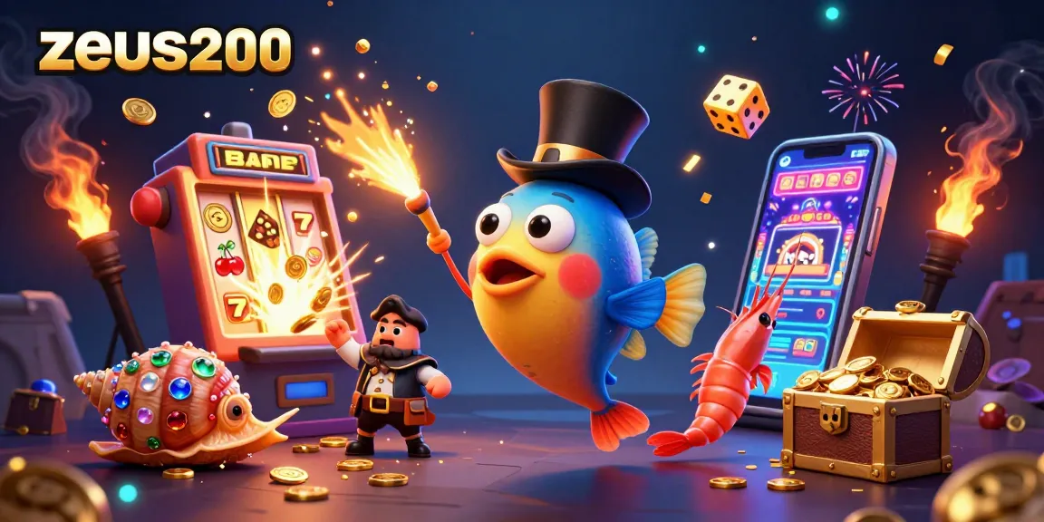 Gambarkan zeus200 saat memikat koin emas dengan ikan pemancing bertopi dan keong berharga di latar belakang kasino.