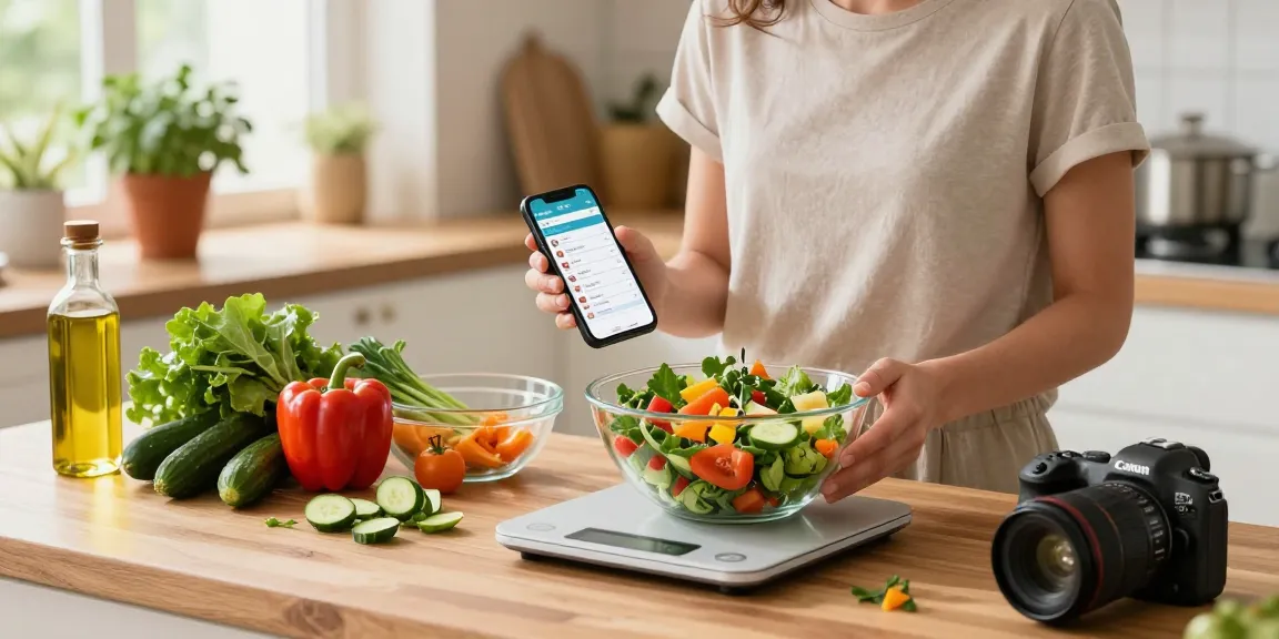 Using the best calorie tracking app to measure ingredients for a fresh salad in a bright kitchen.