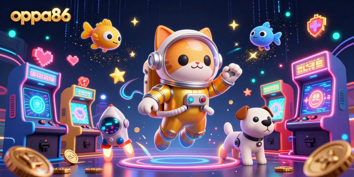 Experience thrilling gameplay with oppa86 featuring a space cat and robotic dog in a colorful casino.