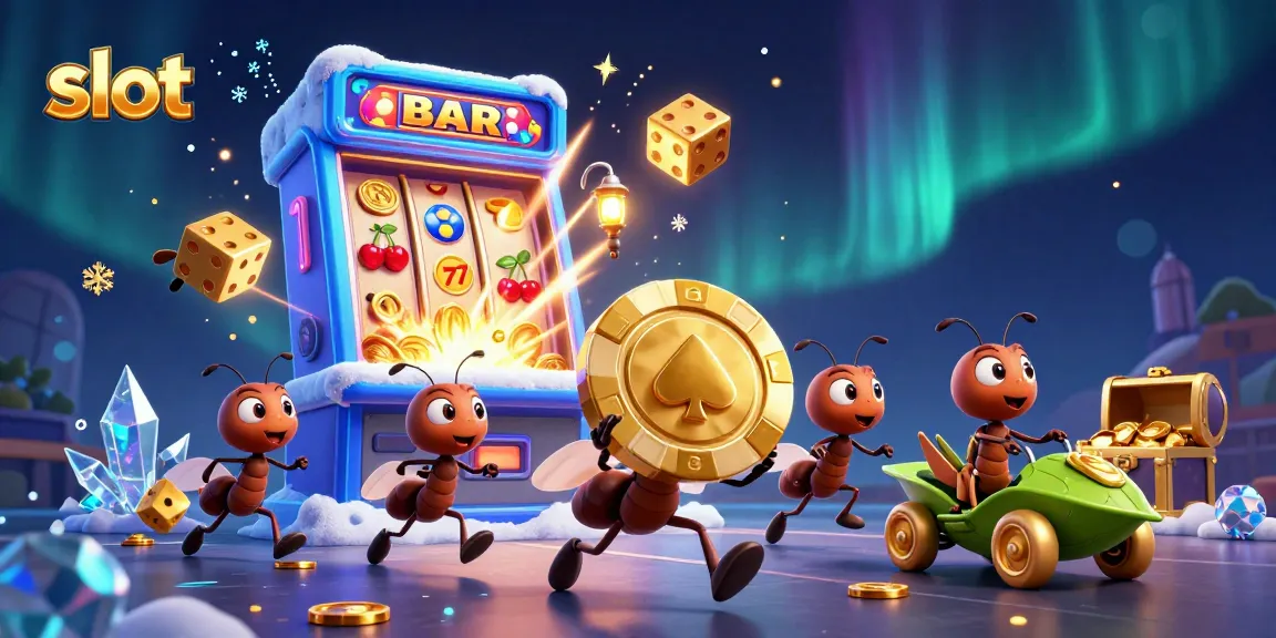 Engage with slot adventures as ants transport golden poker chips in a vibrant casino world.