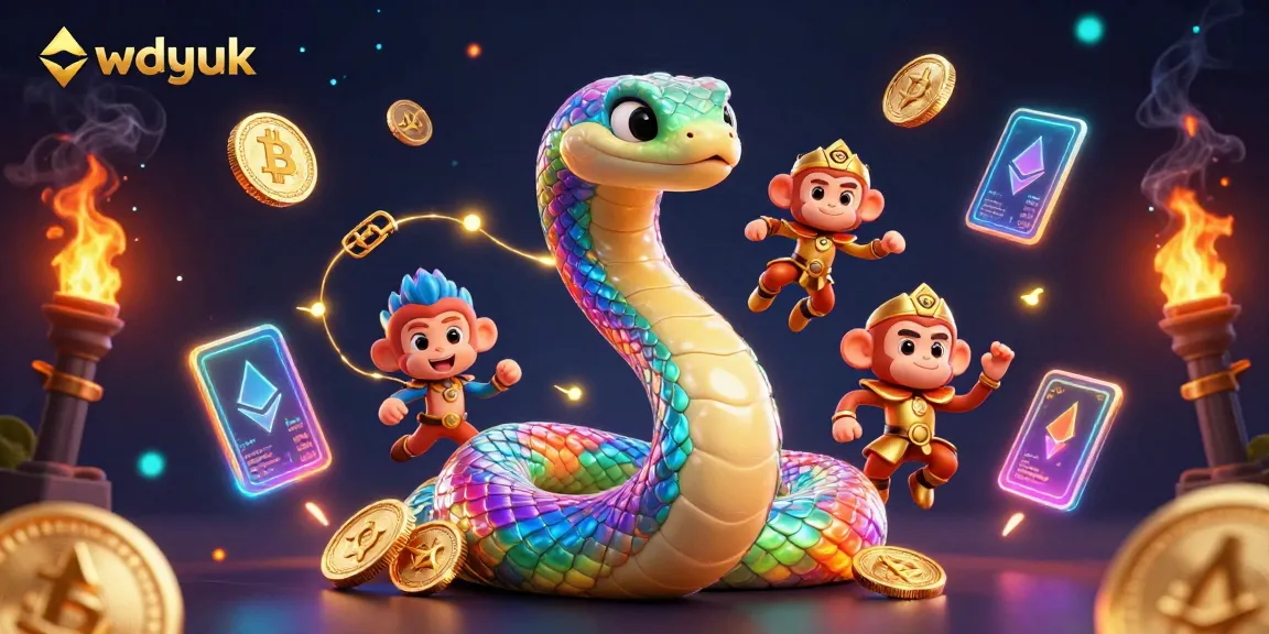 Experience thrilling crypto gaming with wdyuk's rainbow serpent and glowing 3D coin elements.