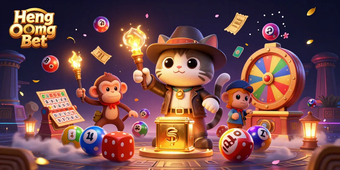 Engage with exciting games at Heng Ong Bet featuring a playful cat and monkey in a vibrant casino scene.