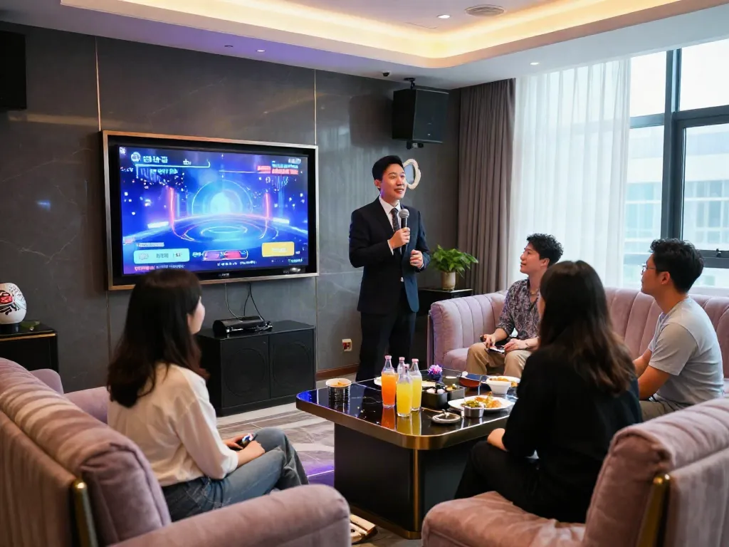 강남 달토의 아늑한 가라오케 룸, 세련된 조명과 함께 손님을 맞이하는 모습.