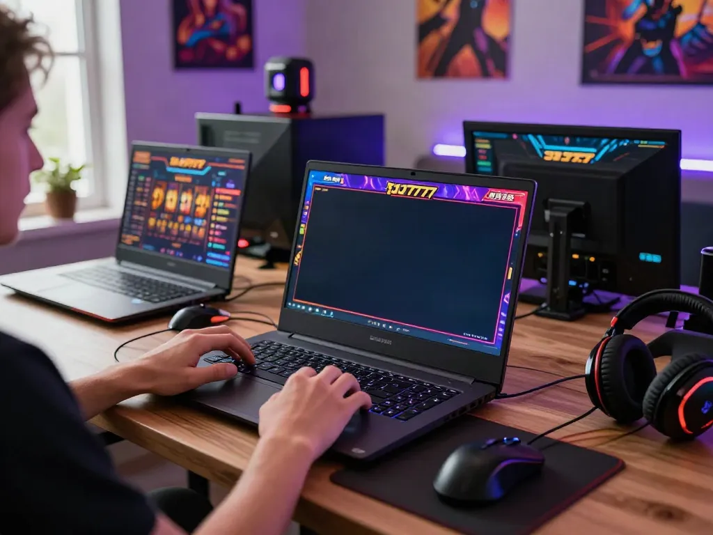 Permainan slot777 yang seru di laptop dengan grafis berwarna cerah dan perangkat gaming di sekelilingnya.