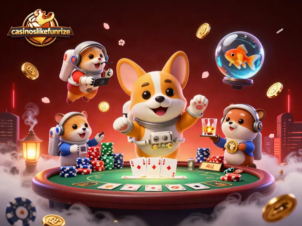 Experience the thrilling world of casinoslikefunrize with floating corgi and poker elements!