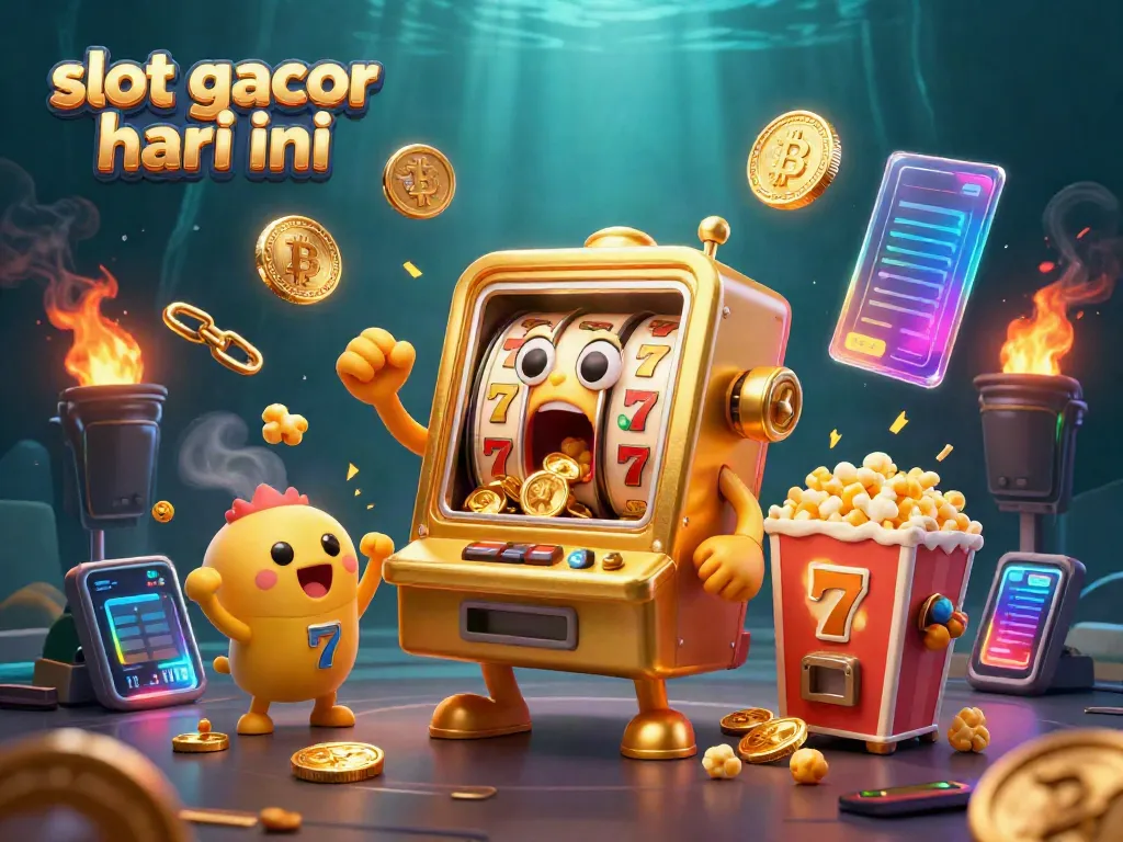 Experience the excitement of slot gacor hari ini as golden machines celebrate winning jackpots with coins pouring out.