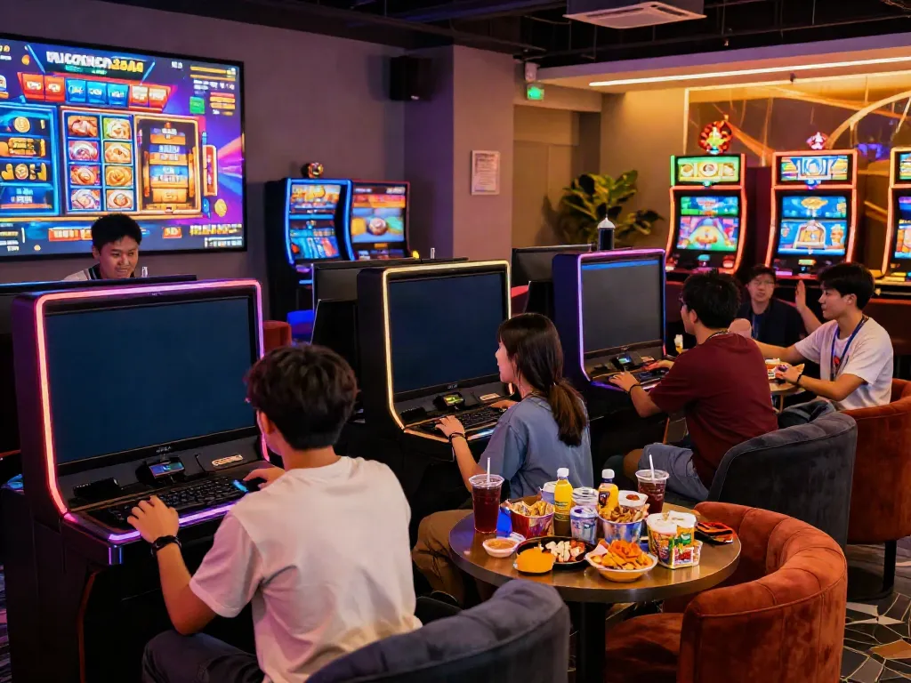 Friends enjoying slot88 games in an energetic gaming lounge with vibrant decor.