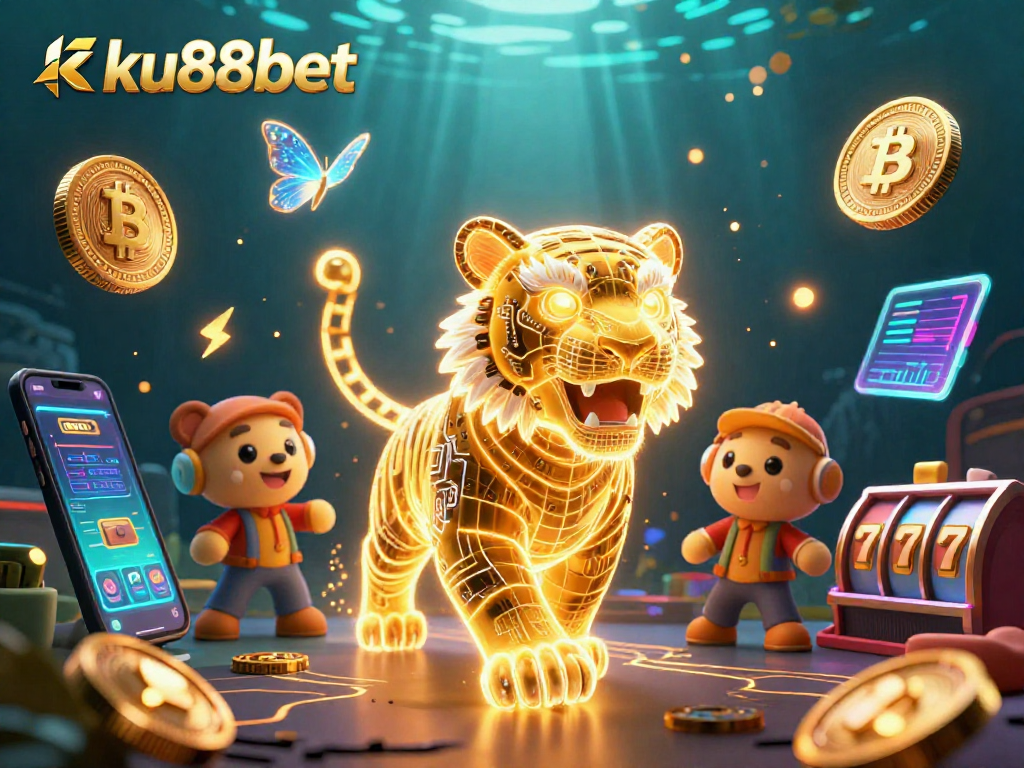 Engage with ku88bet's thrilling digital casino world, featuring vibrant characters and cryptocurrency elements.