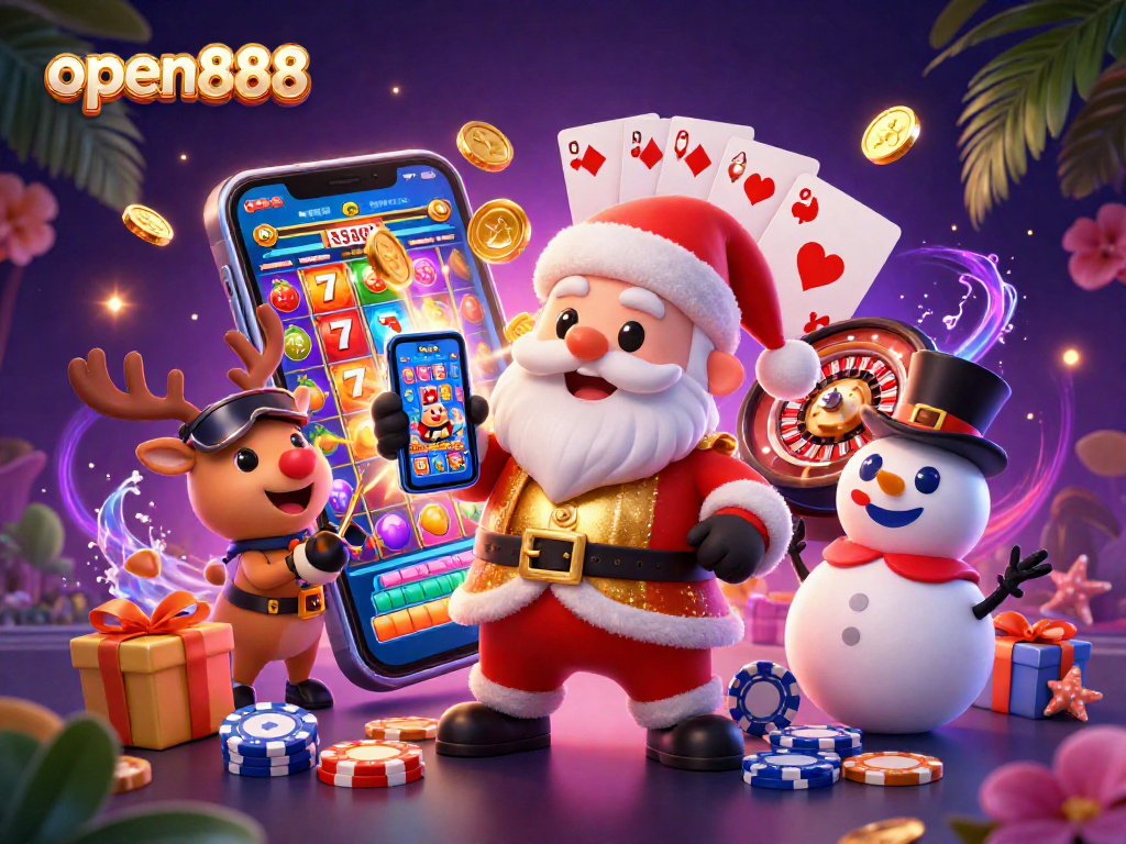 Join open888 for ultimate slots excitement with Santa, his reindeer, and a poker chip snowman!
