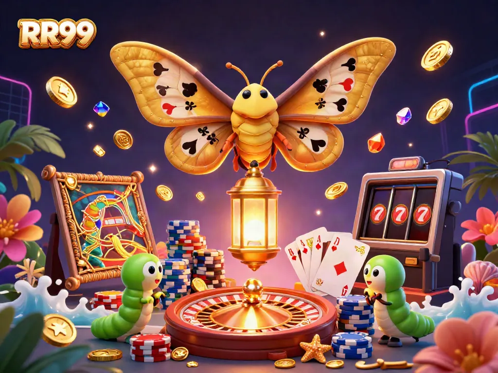 Experience the thrill of RR99 with vibrant casino elements surrounding a 3D atlas moth.