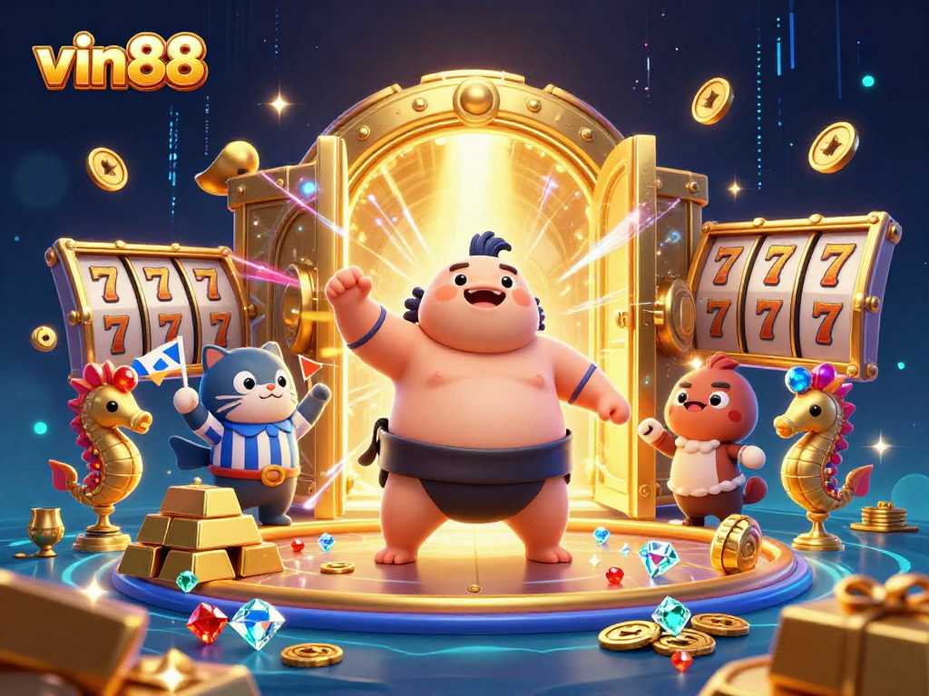 Engage with vin88's dynamic underwater casino scene featuring a giant fugu and treasure elements.