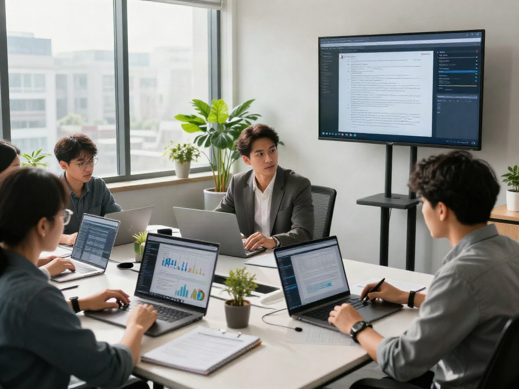 Team examining document fraud detection software within a modern office environment.