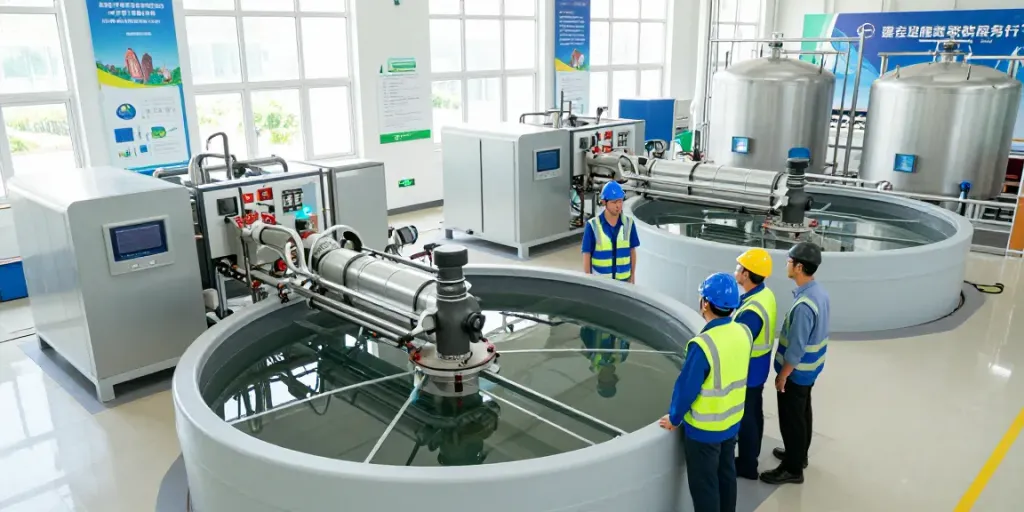 Engineers examining Integrated Modular Systems in a modern water treatment facility, showcasing advanced technology and efficiency.