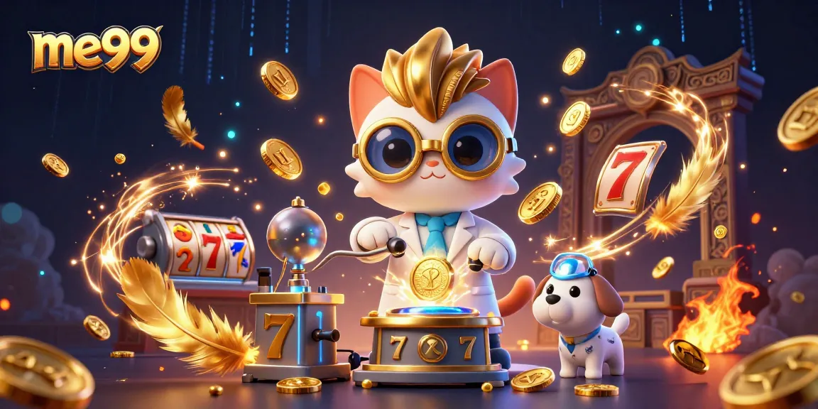 Spin and win big with me99 in an exciting 3D online casino scene filled with playful elements.