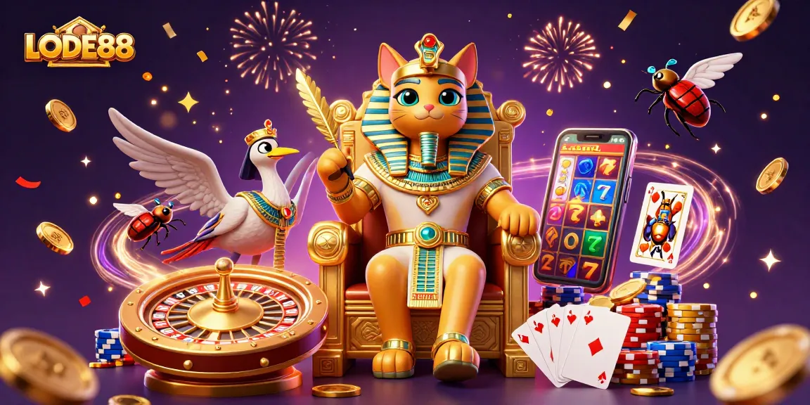 Experience the excitement of LODE88 with an Egyptian pharaoh cat and lavish casino elements!