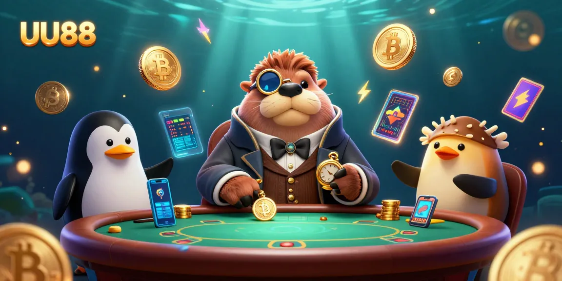 Experience thrilling poker action at UU88 with a cartoon walrus, penguin dealer, and pufferfish player