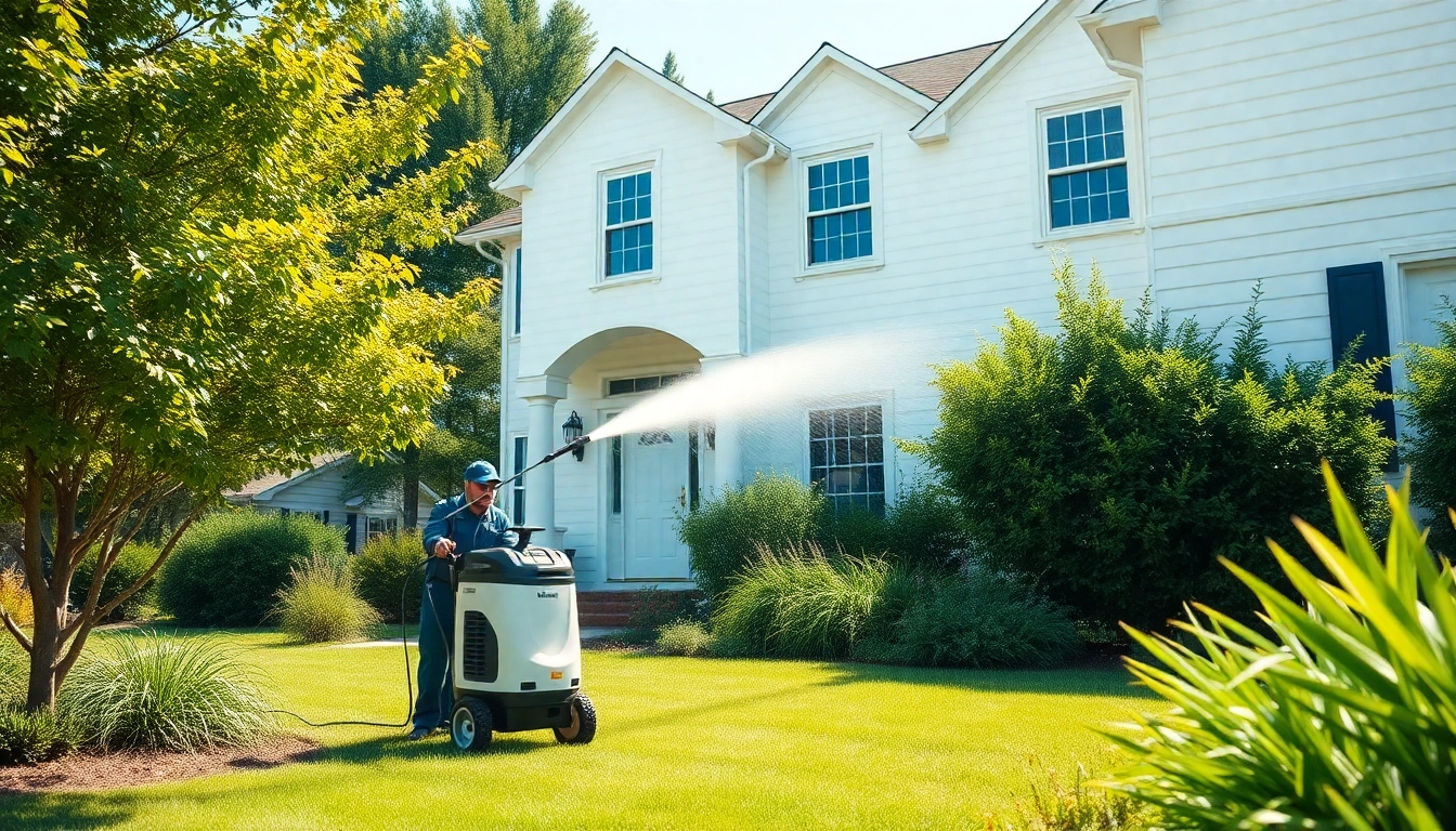 House Washing technician cleaning a home exterior with professional equipment