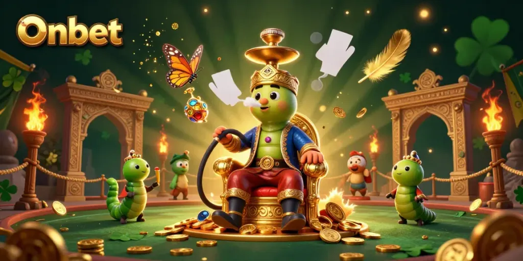 Experience excitement at Onbet with a vibrant 3D cartoony scene filled with gaming symbols!