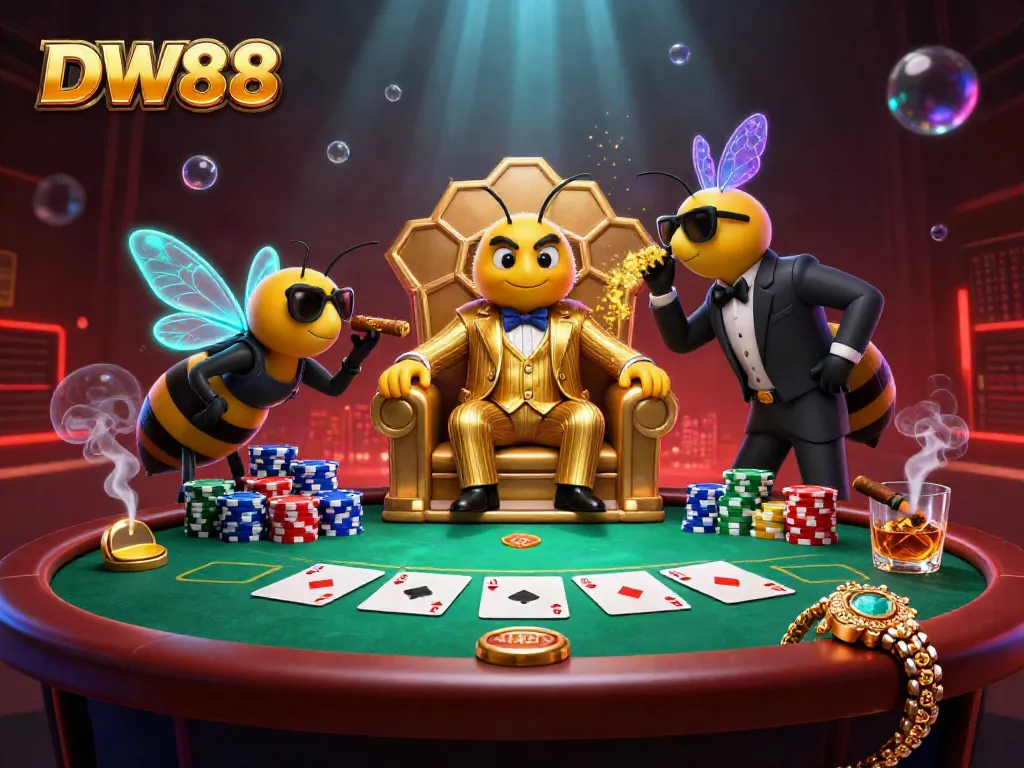 Experience thrilling gambling with DW88, showcased in a vibrant casino scene featuring a bumblebee mob boss and dynamic poker elements.