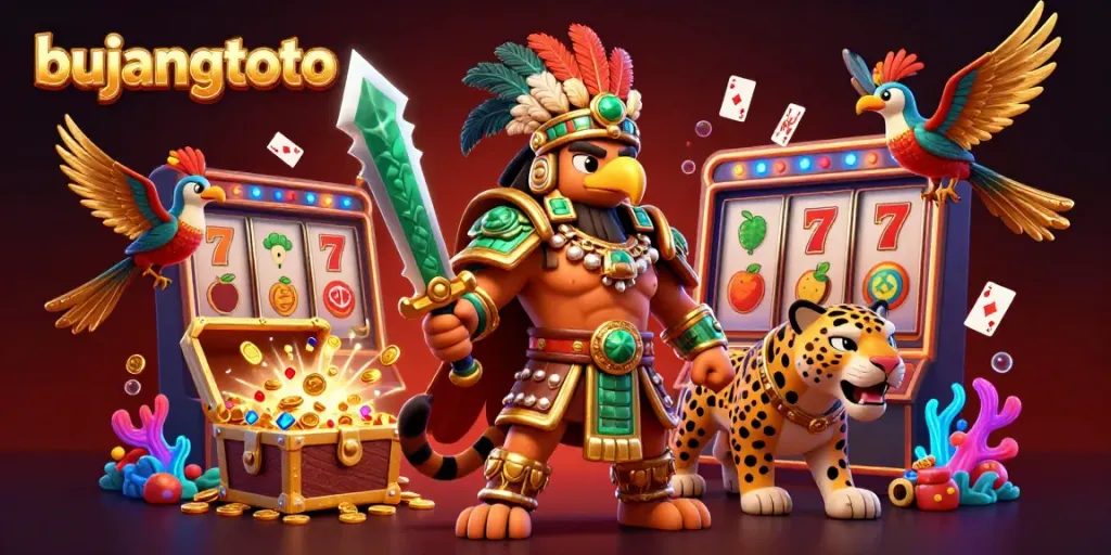 Bujangtoto casino scene with Aztec warrior and jaguar companion celebrating jackpot wins.