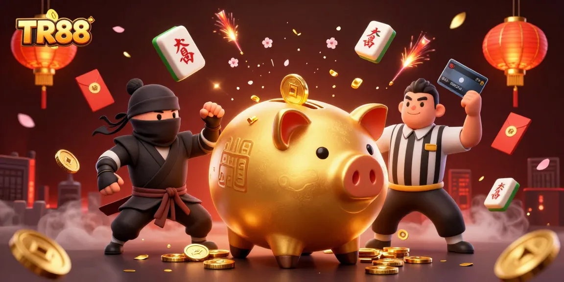 Experience excitement at TR88 with this dynamic scene featuring a piggy bank sumo wrestler surrounded by casino elements.