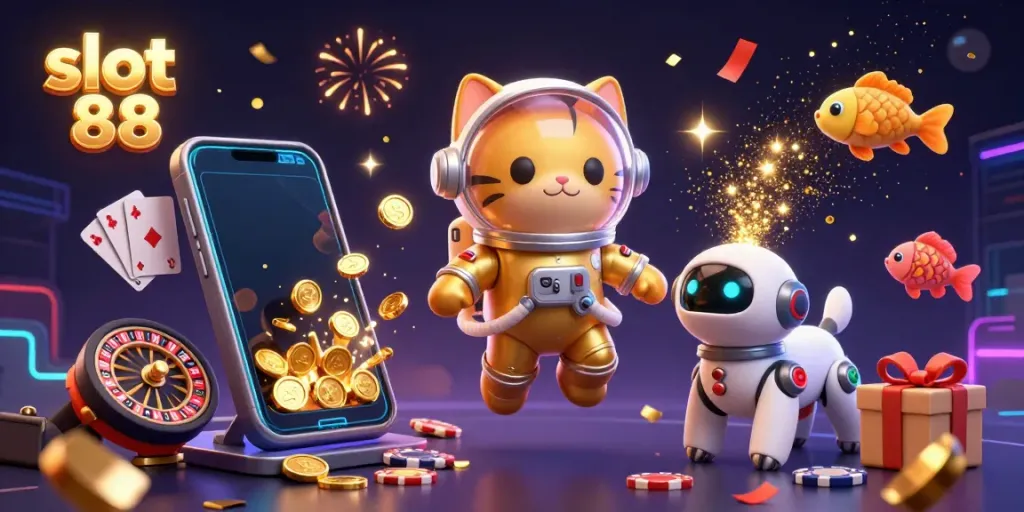 Engage with slot 88 through a captivating scene featuring an astronaut cat and gaming elements.
