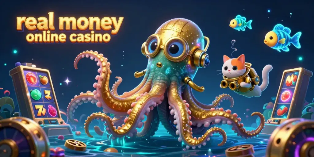 Experience the excitement of a real money online casino with a vibrant 3D cartoon scene featuring a kraken, diving cat, and slots.
