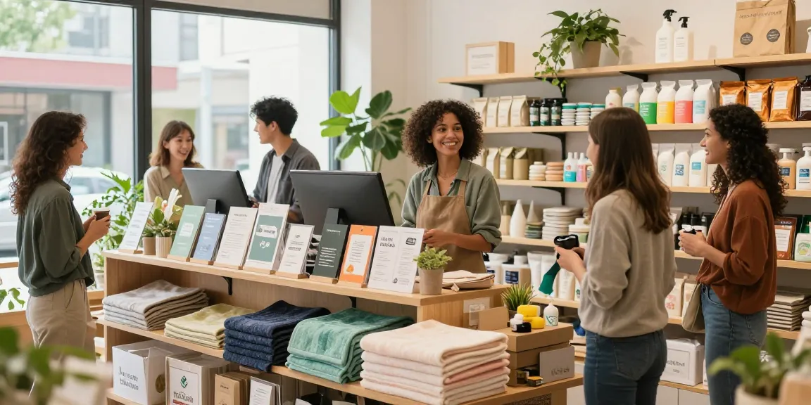 Shopsmart retail scene showcasing eco-friendly products and customer interactions.