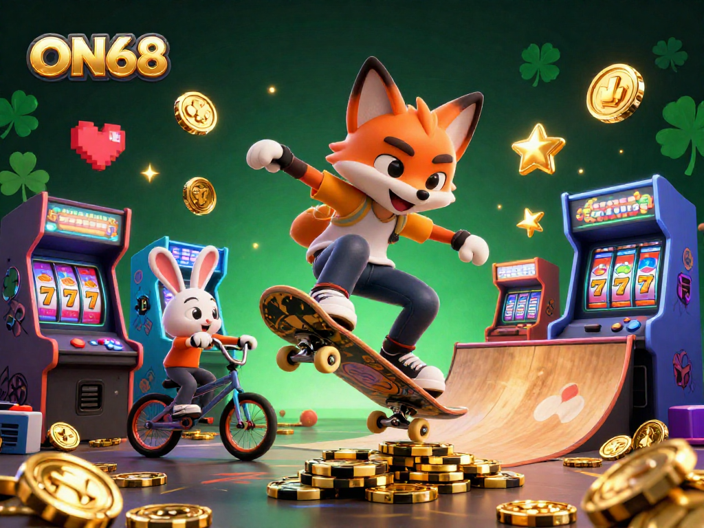 Experience thrilling gaming adventures at ON68 with dynamic cartoon characters and casino-themed elements.