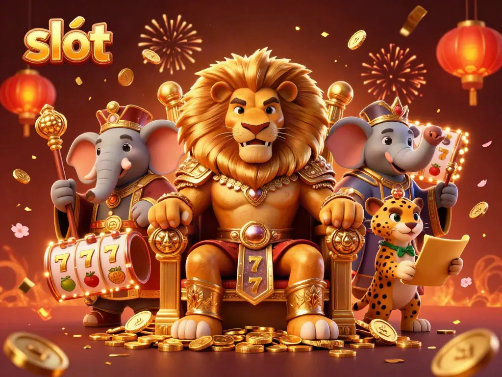 Mainkan slot dengan raja singa sebagai pusat, dikelilingi simbol keberuntungan dan suasana meriah.