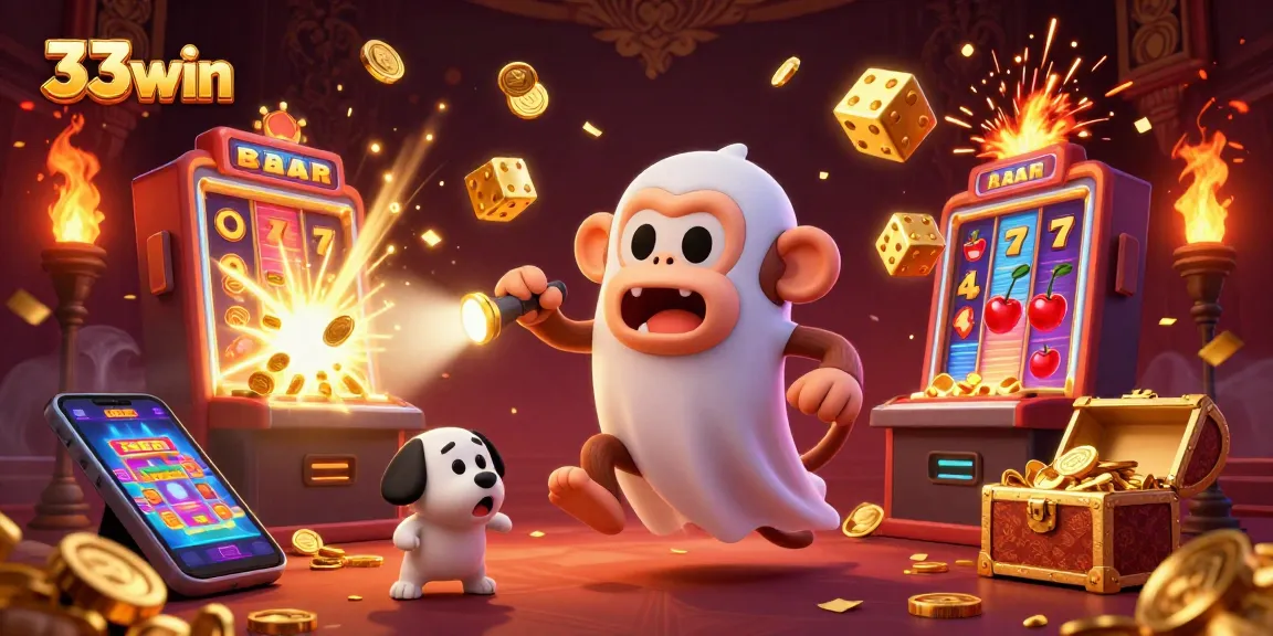 Engage with thrilling 33win casino action featuring a playful ghost-hunter puppy tracking a mischievous monkey.
