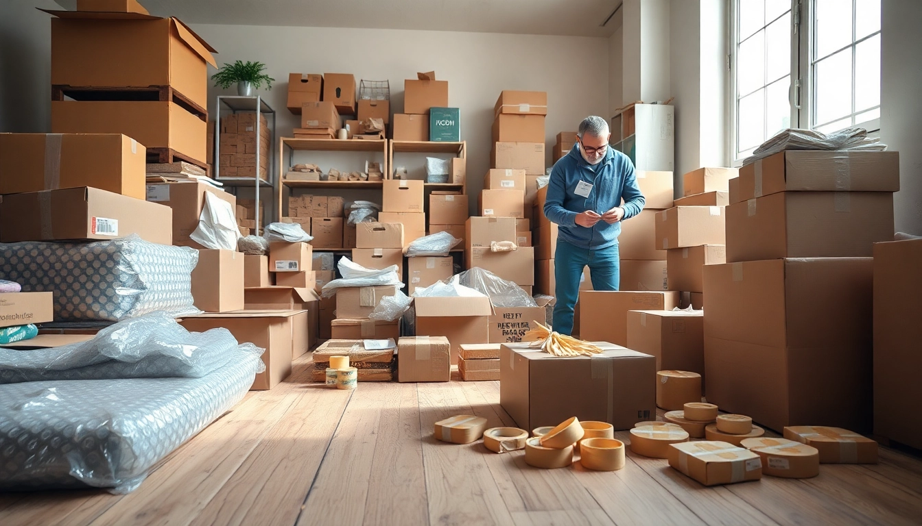 Experience Professional Packing Services with expert packers organizing items in a bright, spacious environment.