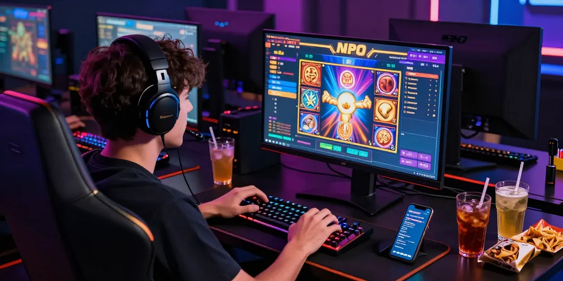 Exciting player enjoying slot mpo game in a colorful gaming room with LED lights, showcasing online gambling.