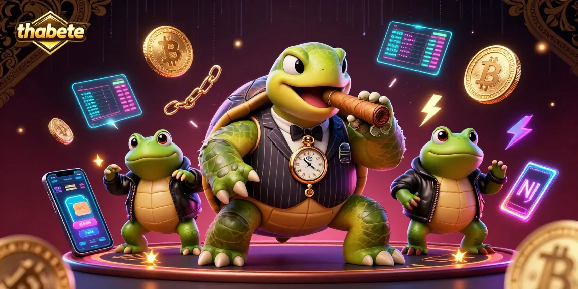 Engage with thabete in a 3D casino scene featuring a mobster turtle and bullfrog enforcers.