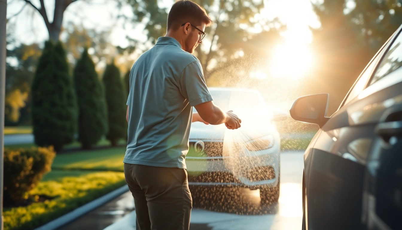 Applying safe car washing techniques while rinsing a vehicle in a sunny driveway.