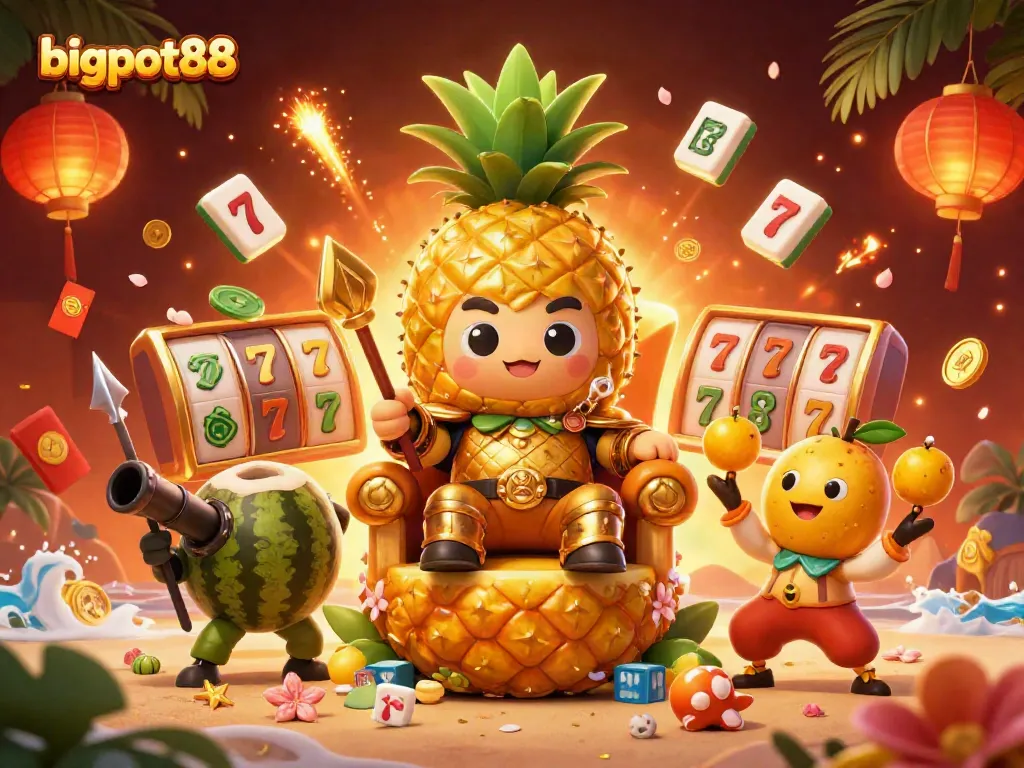 Gambarkan keseruan bigpot88 dengan raja nanas emas dan elemen kasino yang menarik.