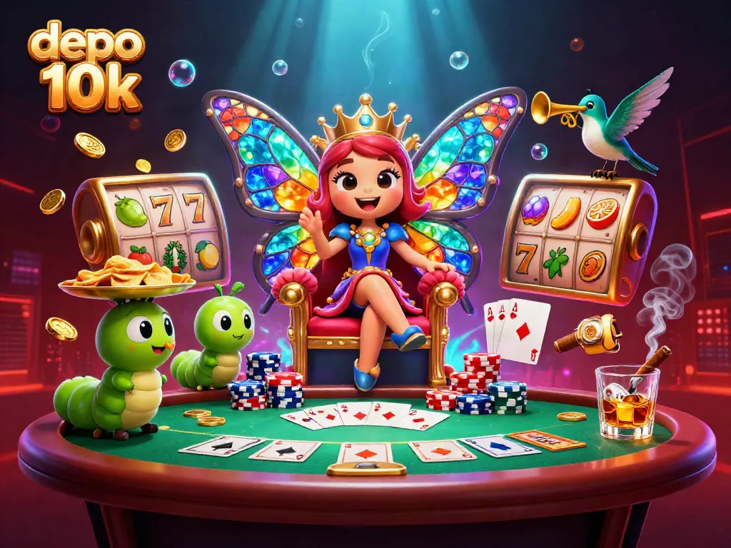 Experience the vibrant world of depo 10k slots with a whimsical butterfly queen and casino elements.