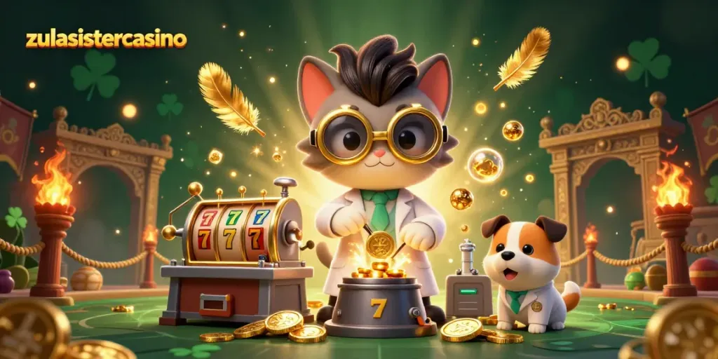 Zula Sister Casino showcases thrilling gameplay with mad scientist cat creating coins alongside fun gaming elements.