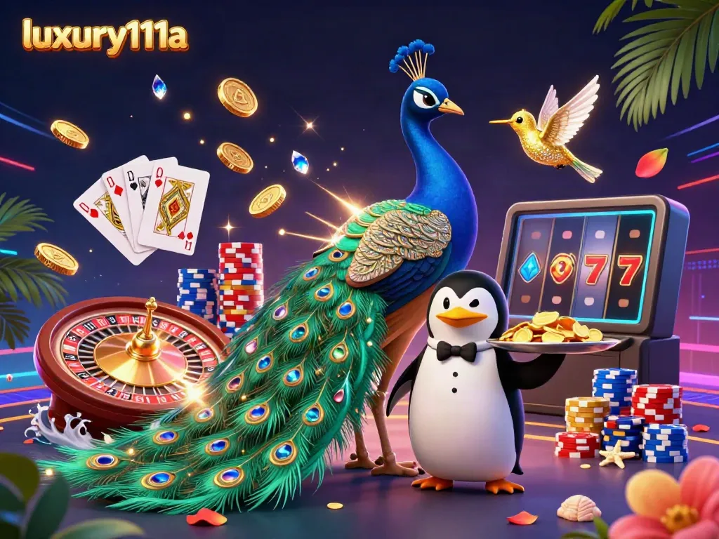 Experience the vibrant luxury111a casino scene with a peacock, butler penguin, and golden hummingbird amidst dazzling game elements.