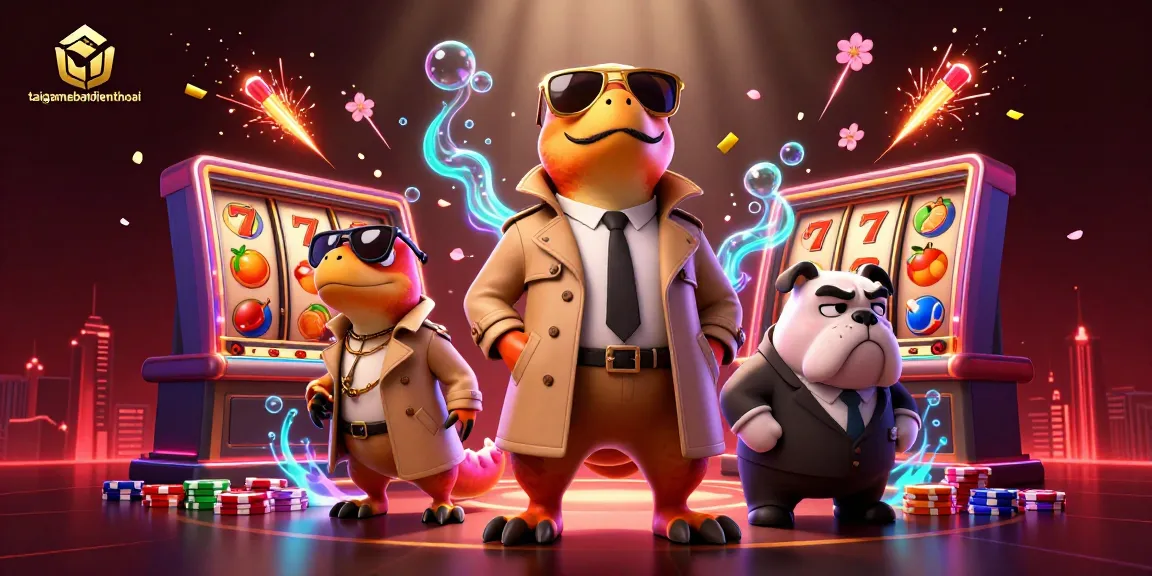 Three raptors in a trench coat try entering a casino while surrounded by vibrant gaming elements, featuring taigamebaidienthoai.