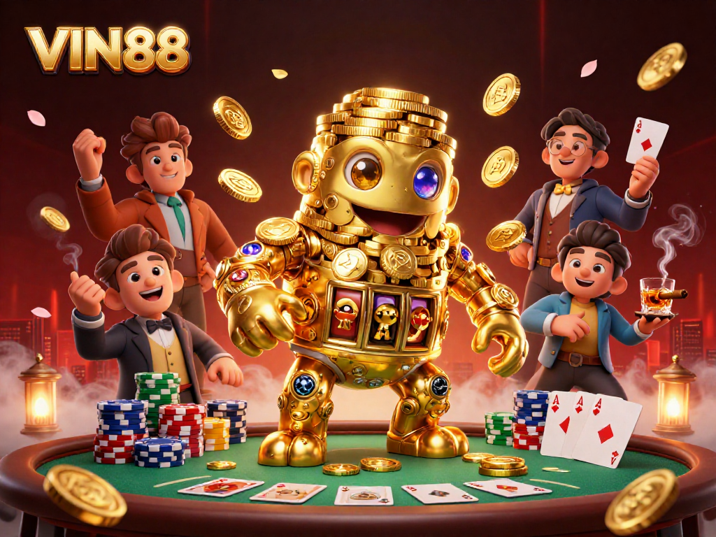 Engage with thrilling casino dynamics featuring VIN88's ancient golden golem and poker elements.