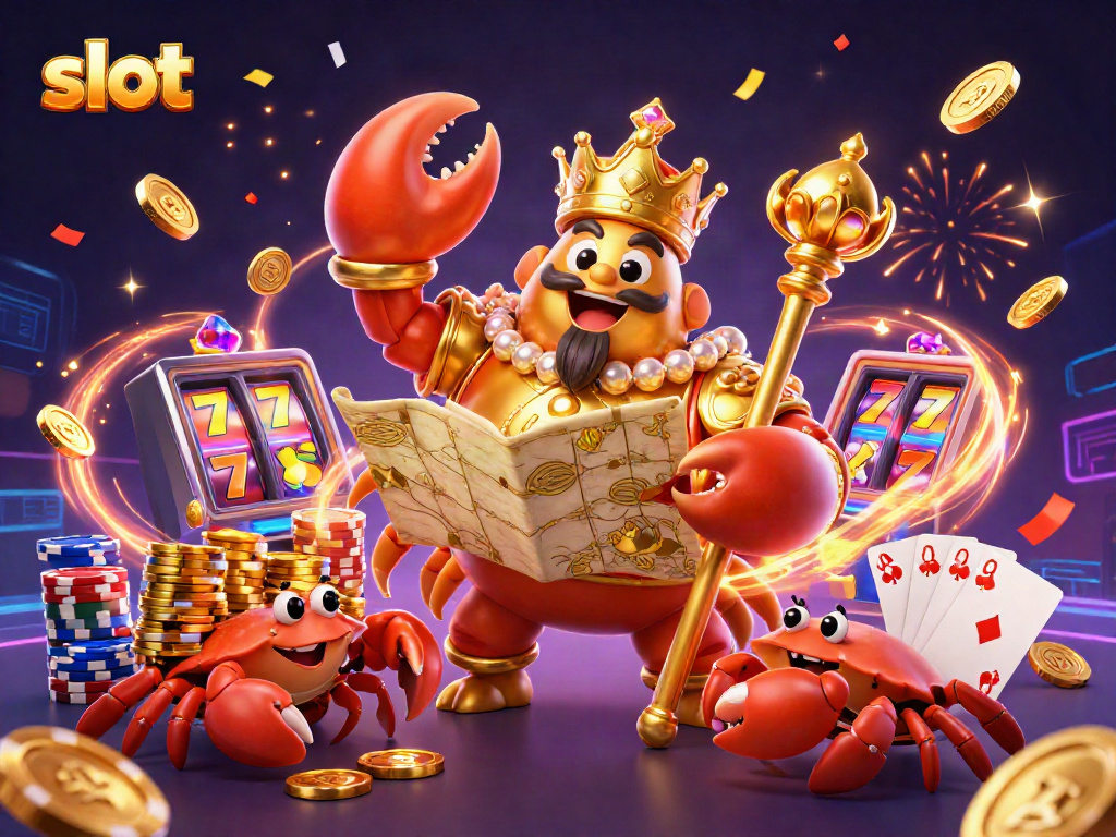 Spin the slot machine reels with golden crab emperor and treasure in a vibrant casino scene